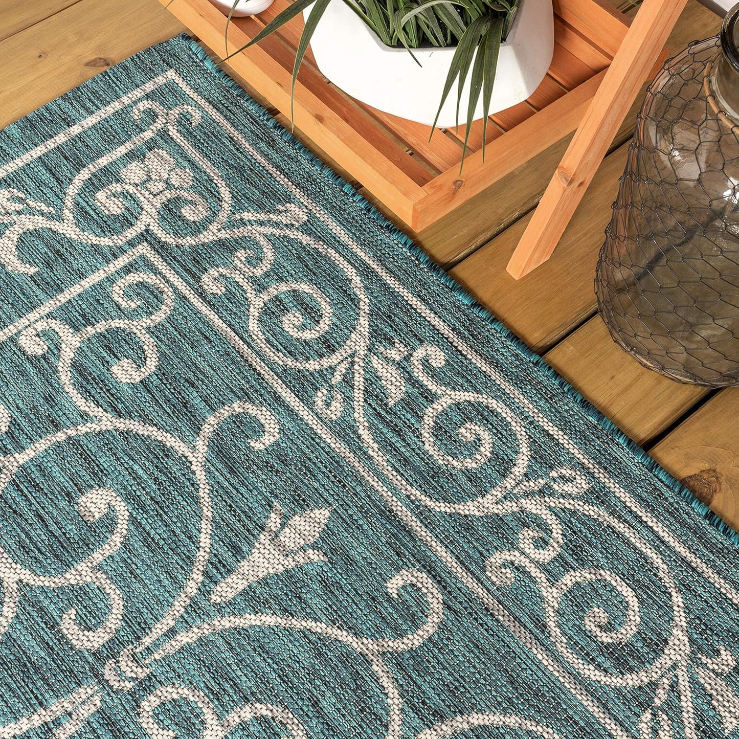 JONATHAN Y Vintage Filigree Indoor Outdoor Runner Rug 2X10 Teal/Gray, Charleston Textured Weave for Backyard, Patio, Porch, Easy-Cleaning, High Traffic, Pet-Friendly, Non-Shedding (SMB106F-210)