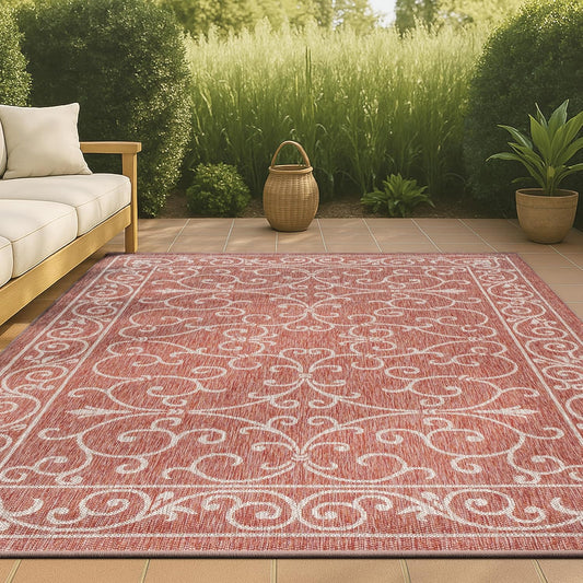 JONATHAN Y Vintage Filigree Indoor Outdoor Area Rug 9X12 Red/Beige, Charleston Textured Weave for Backyard, Patio, Porch, Easy-Cleaning, High Traffic, Pet-Friendly, Non-Shedding (SMB106B-9)