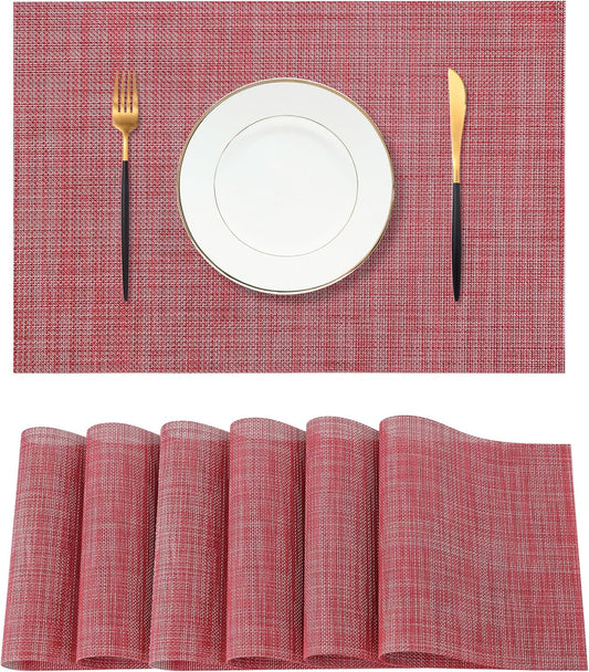 Leetaltree Red Placemats Set of 6 - Heat Resistant Non-Slip Place mats for Dining Table, Washable Durable PVC Vinyl Woven Table Mats（Red, 6）