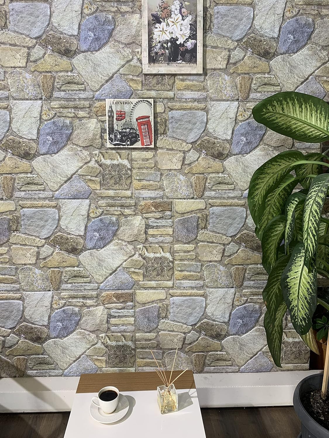 Dundee Deco 3D Wall Panels - Cladding Blue Grey Buff Stone Look Wall Paneling, Styrofoam Facing for Interior and Exterior Applications, DIY, Sample, Size 10 x 10 in.