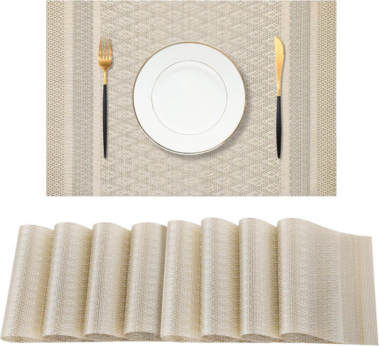 Leetaltree Stardust Yellow Placemats Set of 8 - Heat Resistant Non-Slip Place mats for Dining Table, Washable Durable PVC Vinyl Woven Table Mats（Stardust Yellow, 8）