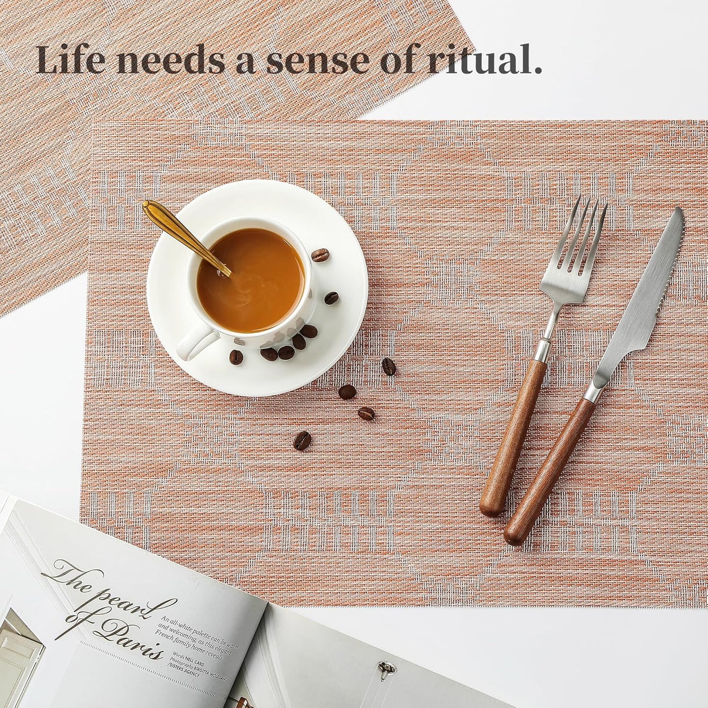 Leetaltree Coral Placemats Set of 6 - Heat Resistant Non-Slip Place mats for Dining Table, Washable Durable PVC Vinyl Woven Table Mats（Coral, 6）