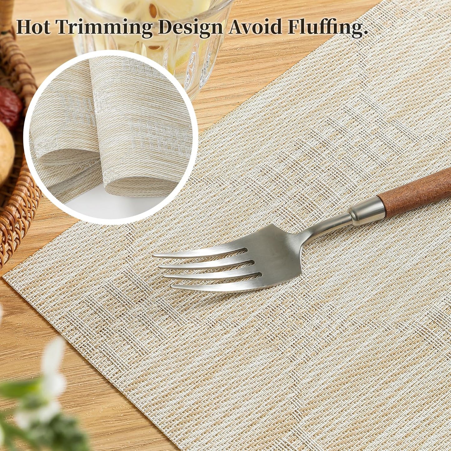 Leetaltree Wheat Placemats Set of 4 - Heat Resistant Non-Slip Place mats for Dining Table, Washable Durable PVC Vinyl Woven Table Mats（Wheat, 4）