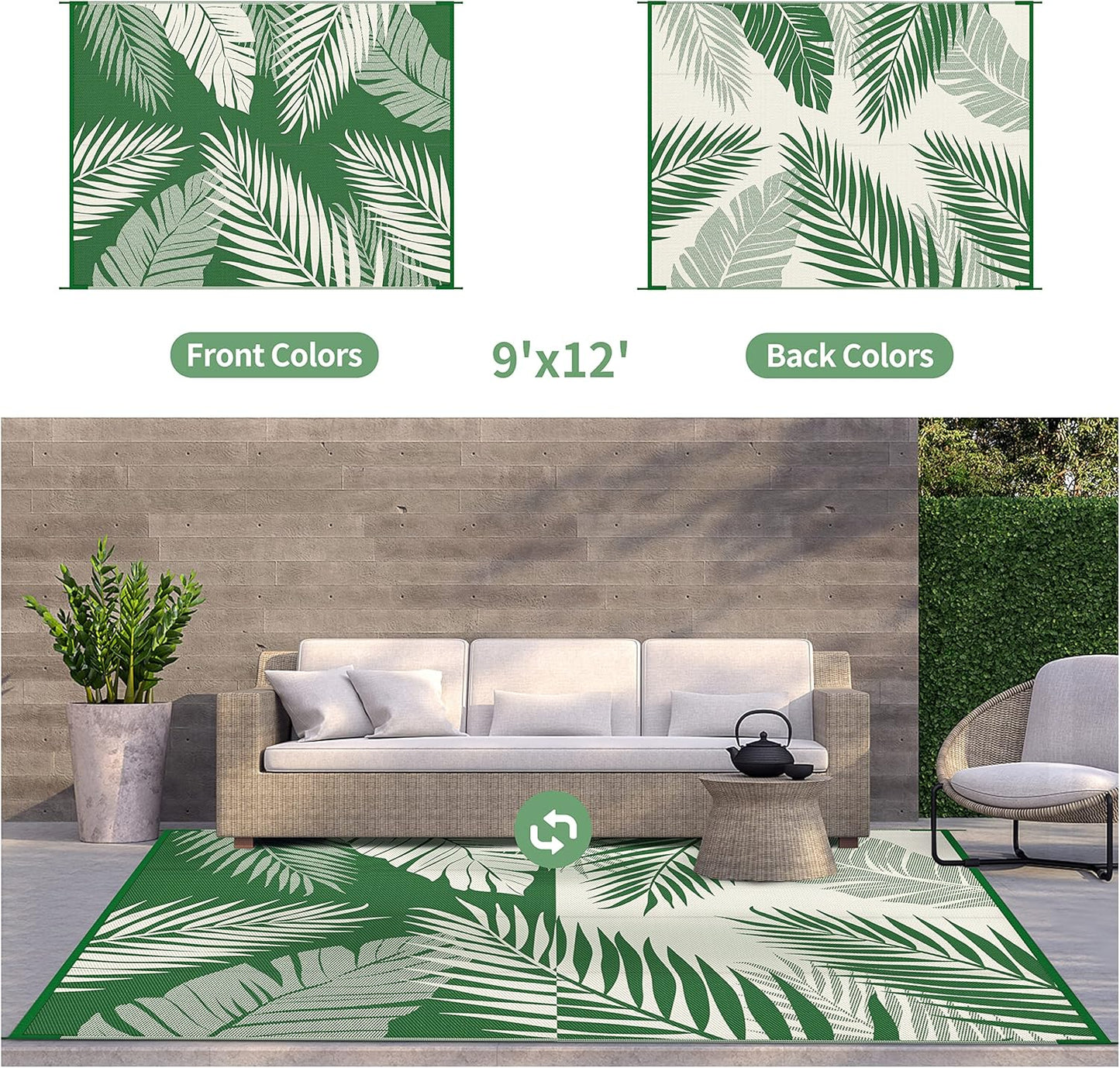 GENIMO Outdoor Rug 9' x 12' Waterproof for Patios Clearance, Reversible Outdoor Plastic Straw Camping Rug Carpet, Large Area Rugs Mats for RV, Picnic, Backyard, Deck, Balcony, Porch, Dark Green&White