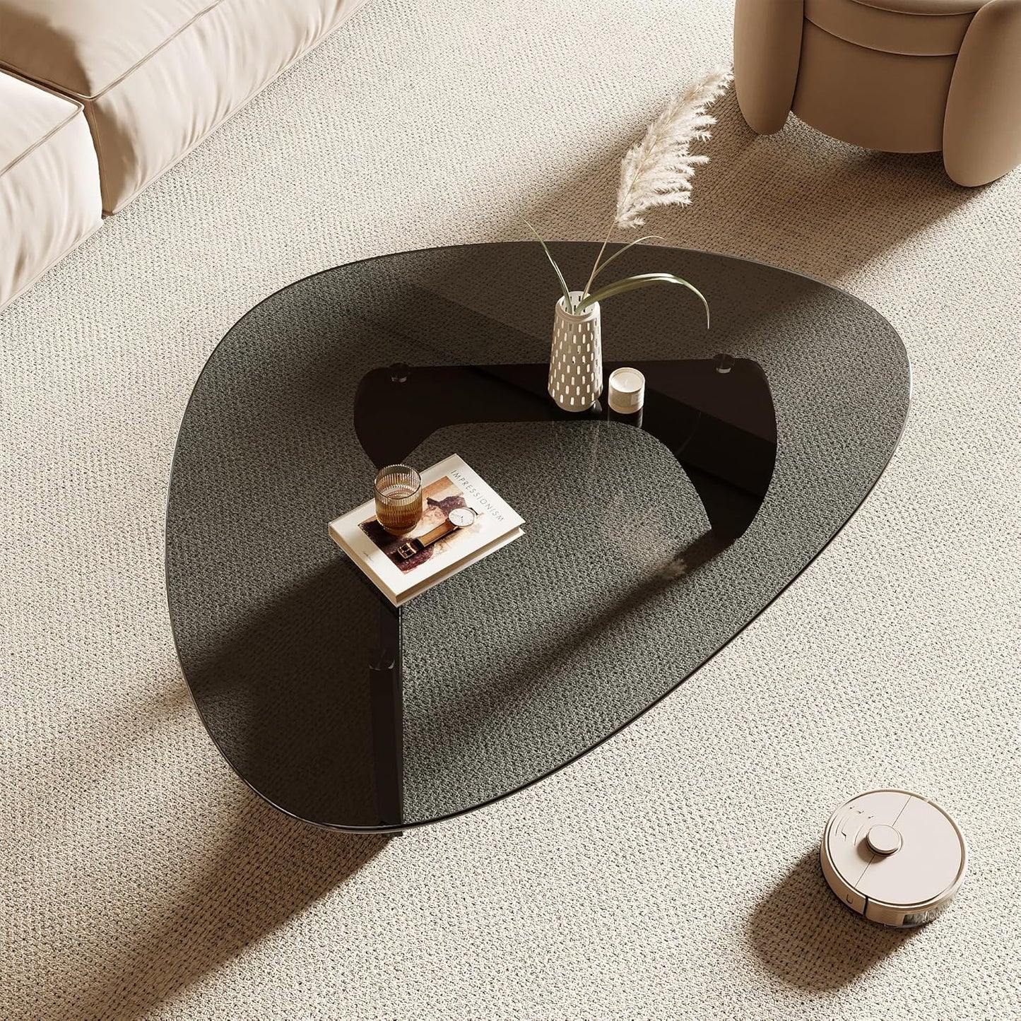 Honyee Morden Coffee Table, 42.5" x 28.5" x 16.1" Triangle Tempered Glass Top for Living Room, Color: Black