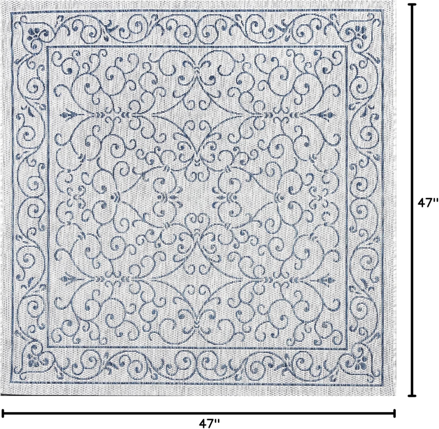 JONATHAN Y Vintage Filigree Indoor Outdoor Square Area Rug 4X4 Gray/Navy, Charleston Textured Weave for Backyard, Patio, Porch, Easy-Cleaning, High Traffic, Pet-Friendly, Non-Shedding (SMB106C-4SQ)