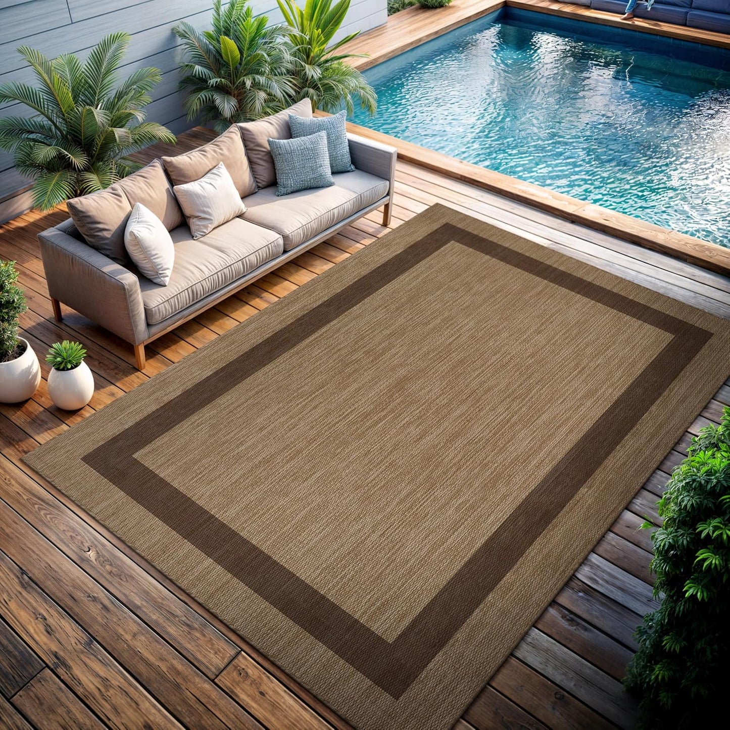 CAMILSON Outdoor Rug 8x10 - Modern Outside Rugs for Patios Porches Waterproof Durable Washable Non-Shedding, Easy-to-Clean Indoor Outdoor Area Carpet (8 x 10, Bordered - Jute)