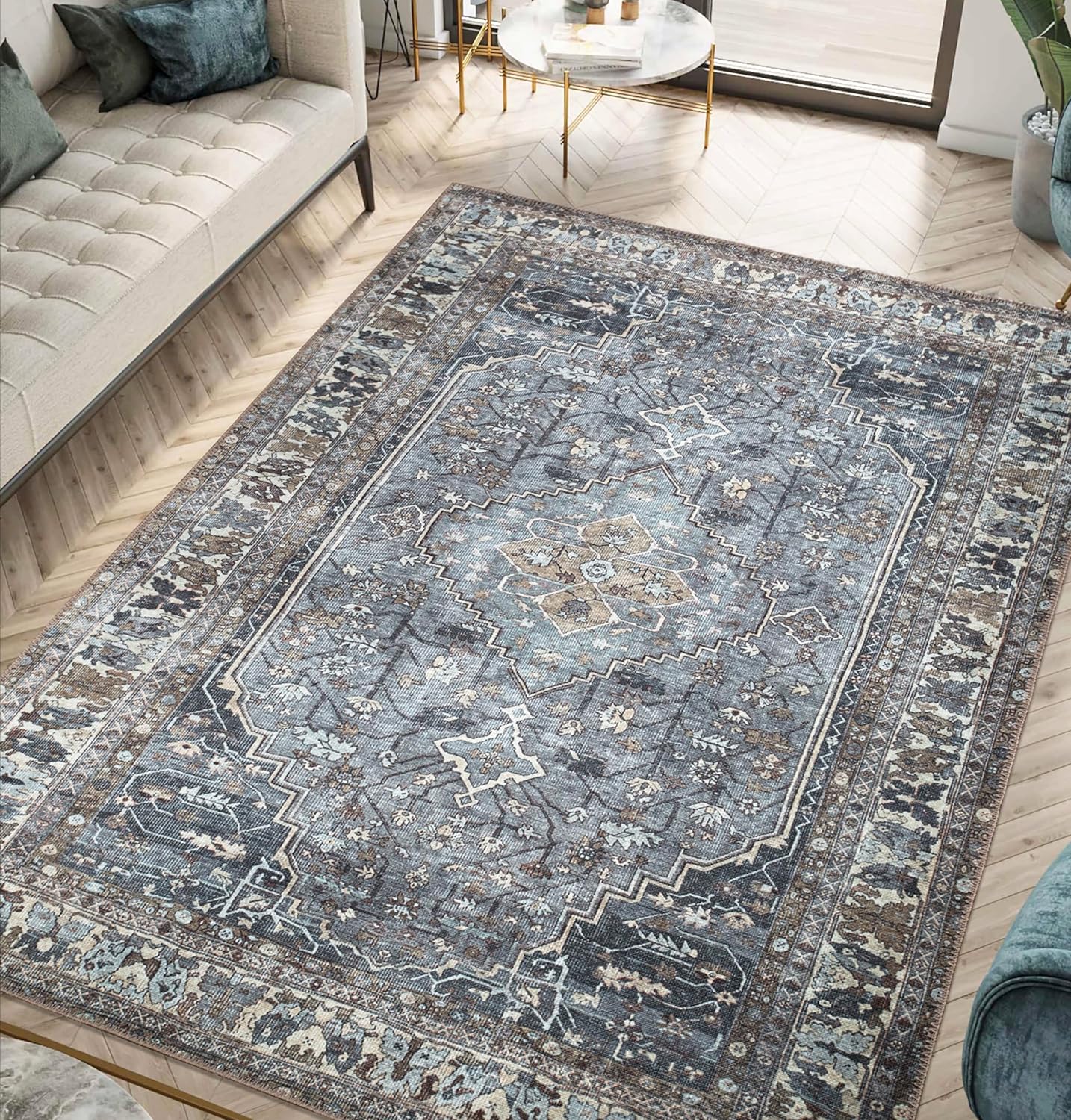 Keen Home Design 4x6 Rug - Machine Washable Area Rug with Non-Slip Backing, Ideal for Living Room, Dining Room, Bedroom - Vintage, Easy Clean, Durable, Low Pile Rug - (4' x 6')