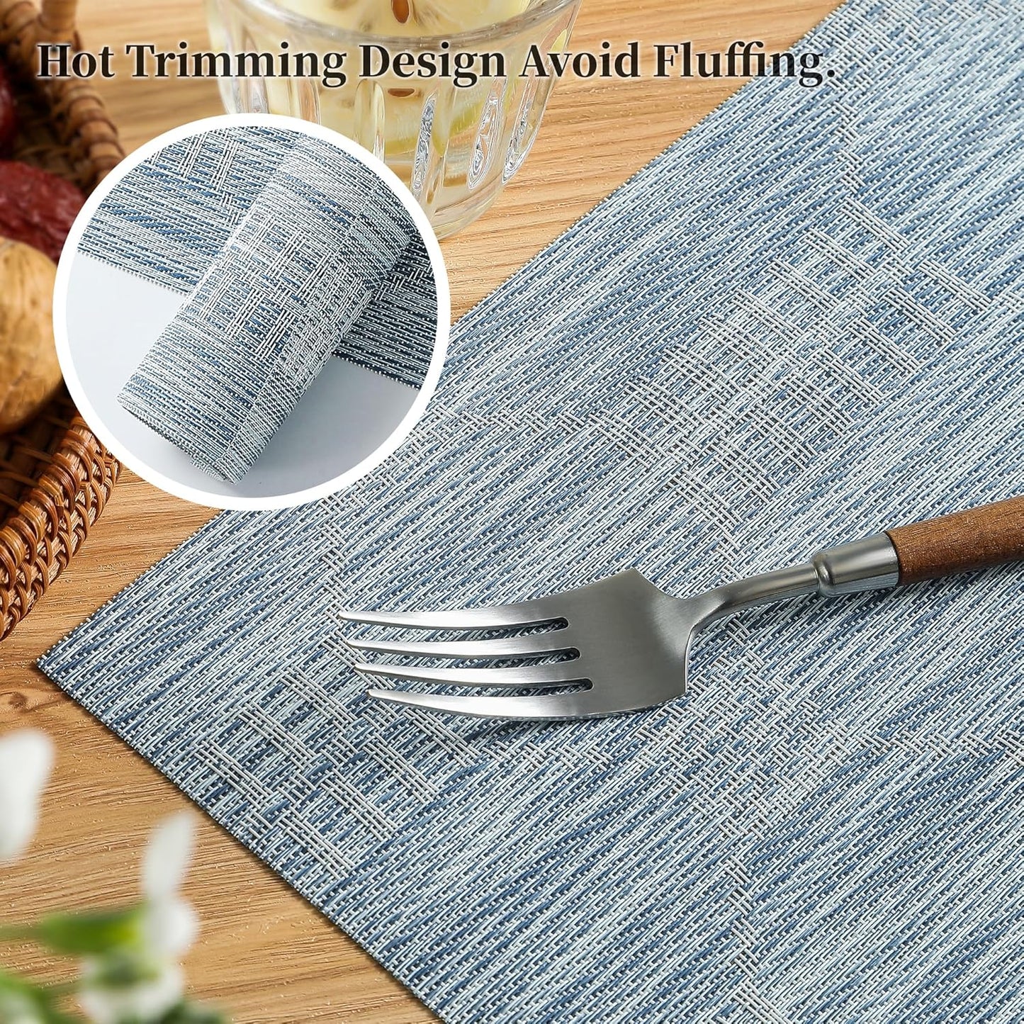 Leetaltree Jacquard Blue Placemats Set of 12 - Heat Resistant Non-Slip Place mats for Dining Table, Washable Durable PVC Vinyl Woven Table Mats（Jacquard Blue, 12）