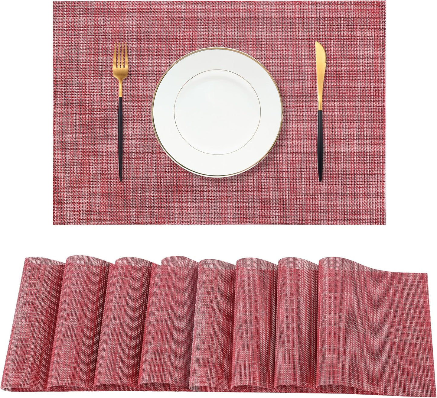 Leetaltree Red Placemats Set of 8 - Heat Resistant Non-Slip Place mats for Dining Table, Washable Durable PVC Vinyl Woven Table Mats（Red, 8）