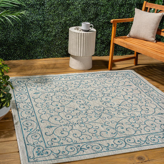 JONATHAN Y Vintage Filigree Indoor Outdoor Square Area Rug 5X5 Gray/Teal, Charleston Textured Weave for Backyard, Patio, Porch, Easy-Cleaning, High Traffic, Pet-Friendly, Non-Shedding (SMB106E-5SQ)