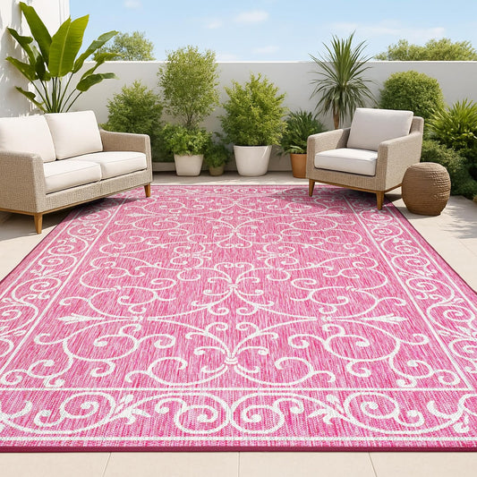 JONATHAN Y Vintage Filigree Indoor Outdoor Area Rug 4X6 Fuchsia/Light Gray, Charleston Textured Weave for Backyard, Patio, Porch, Easy-Cleaning, High Traffic, Pet-Friendly, Non-Shedding (SMB106J-4)