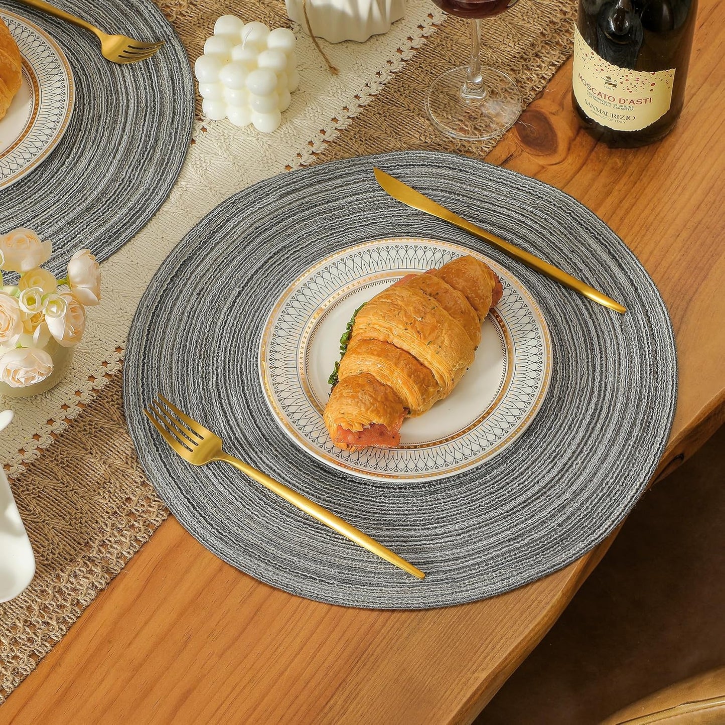 Leetaltree Round Placemats Heat and Slip Resistant Cotton Table Mats, Washable Bohemian Placemats for Dining Tables (Charcoal, Set of 8)