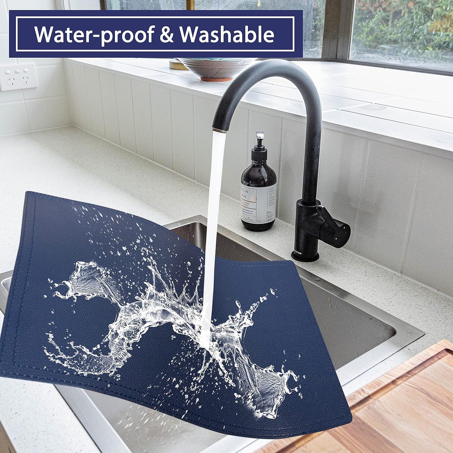 Set of 6 Faux Leather Placemats, PU Table Mats, Waterproof, Stain Resistant, Heat Resistant, Non-Slip Easy to Clean for Kitchen Dining Table,Conference Table C Blue Rectangle