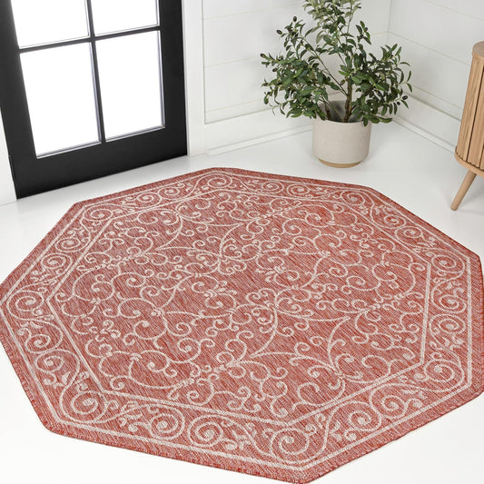 JONATHAN Y Vintage Filigree Indoor Outdoor Octagon Area Rug 5 Ft Red/Beige, Charleston Textured Weave for Backyard, Patio, Porch, Easy-Cleaning, High Traffic, Pet-Friendly, Non-Shedding SMB106B-5TGN