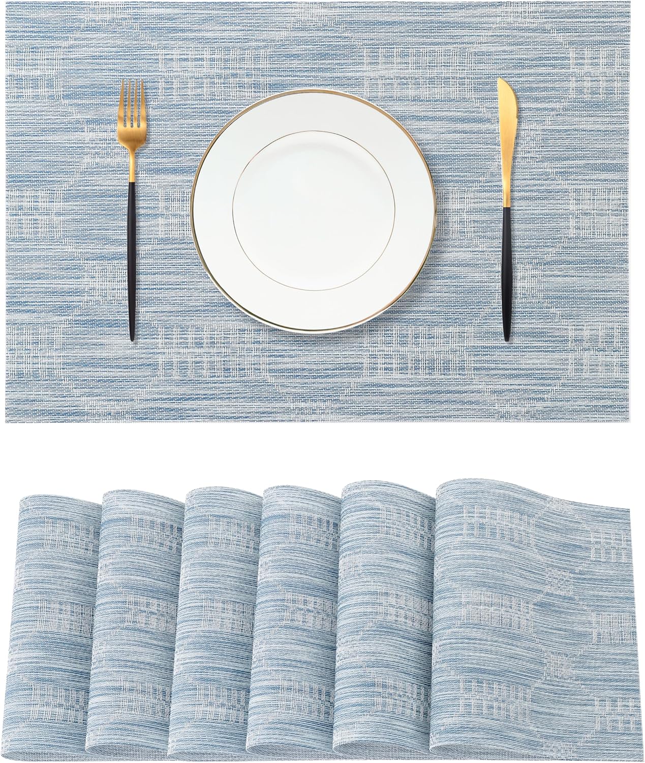 Leetaltree Alice Blue Placemats Set of 6 - Heat Resistant Non-Slip Place mats for Dining Table, Washable Durable PVC Vinyl Woven Table Mats（Jacquard Blue, 6）