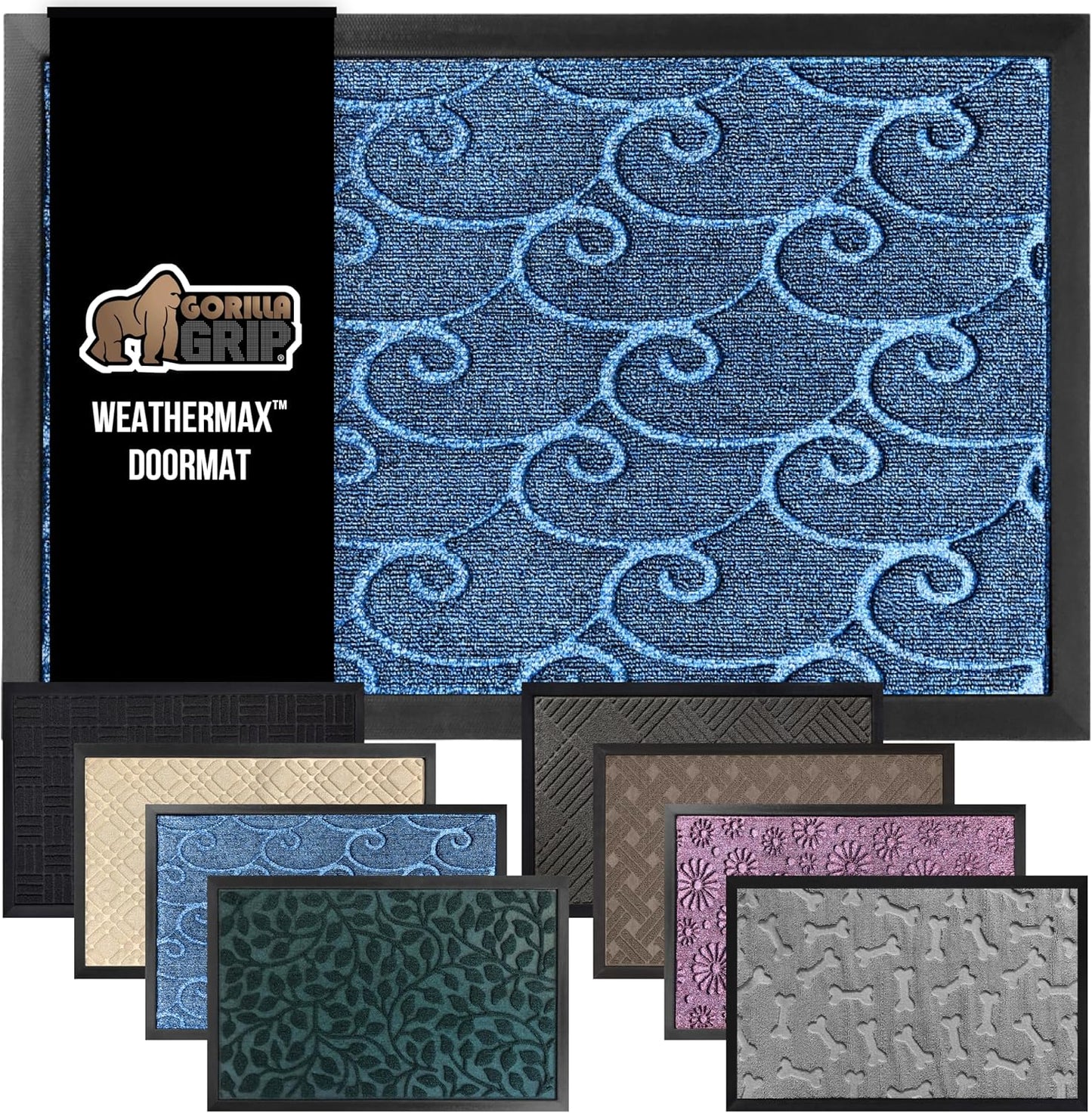 GORILLA GRIP 100% Waterproof All-Season WeatherMax Doormat, US Designed Natural Rubber, Stain and Fade Resistant, Low Profile Indoor Outdoor Door Mats, Easy Clean Patio Mat, 17x29, Ocean Blue Waves