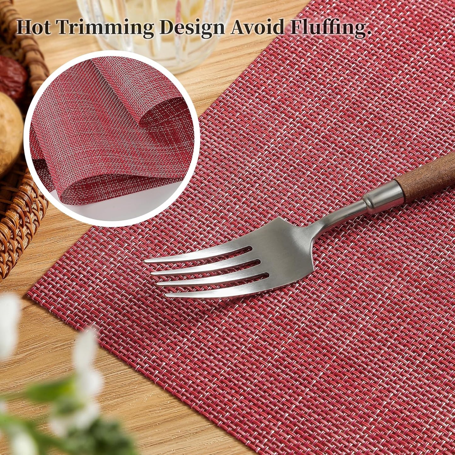 Leetaltree Red Placemats Set of 8 - Heat Resistant Non-Slip Place mats for Dining Table, Washable Durable PVC Vinyl Woven Table Mats（Red, 8）