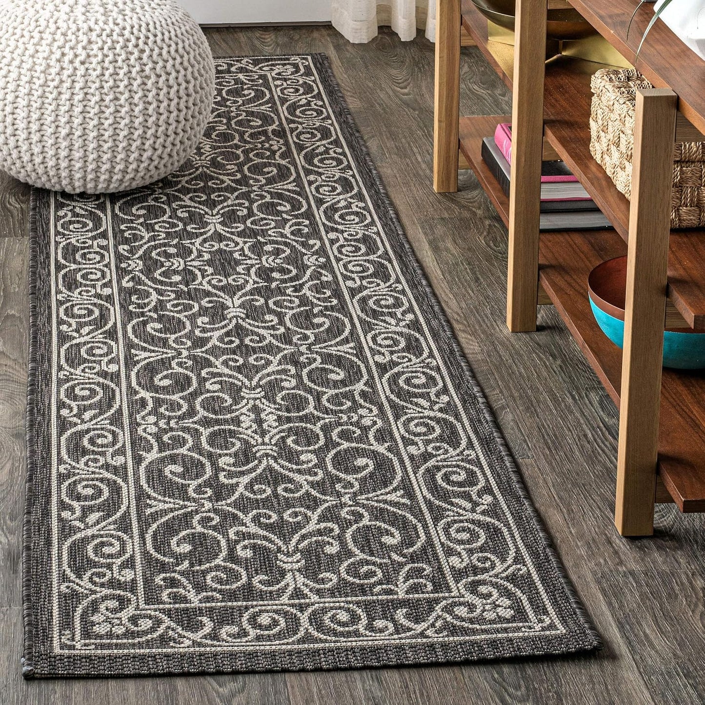 JONATHAN Y Vintage Filigree Indoor Outdoor Runner Rug 2X8 Black/Gray, Charleston Textured Weave for Backyard, Patio, Porch, Easy-Cleaning, High Traffic, Pet-Friendly, Non-Shedding (SMB106G-28)