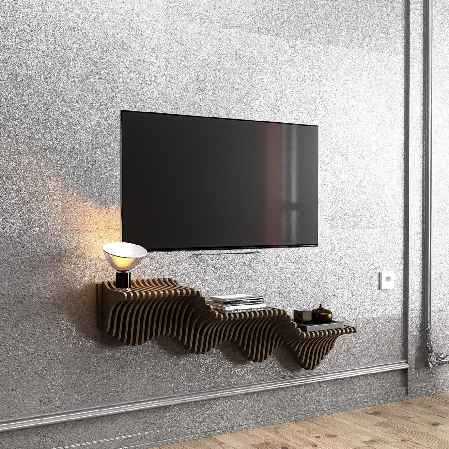 Parametric 40 inch Floating Shelf TV Unit Modern Geometric Wooden Wall Piece Decor Natural Oak Color 3D Wavy Living and Gaming Room Shelf