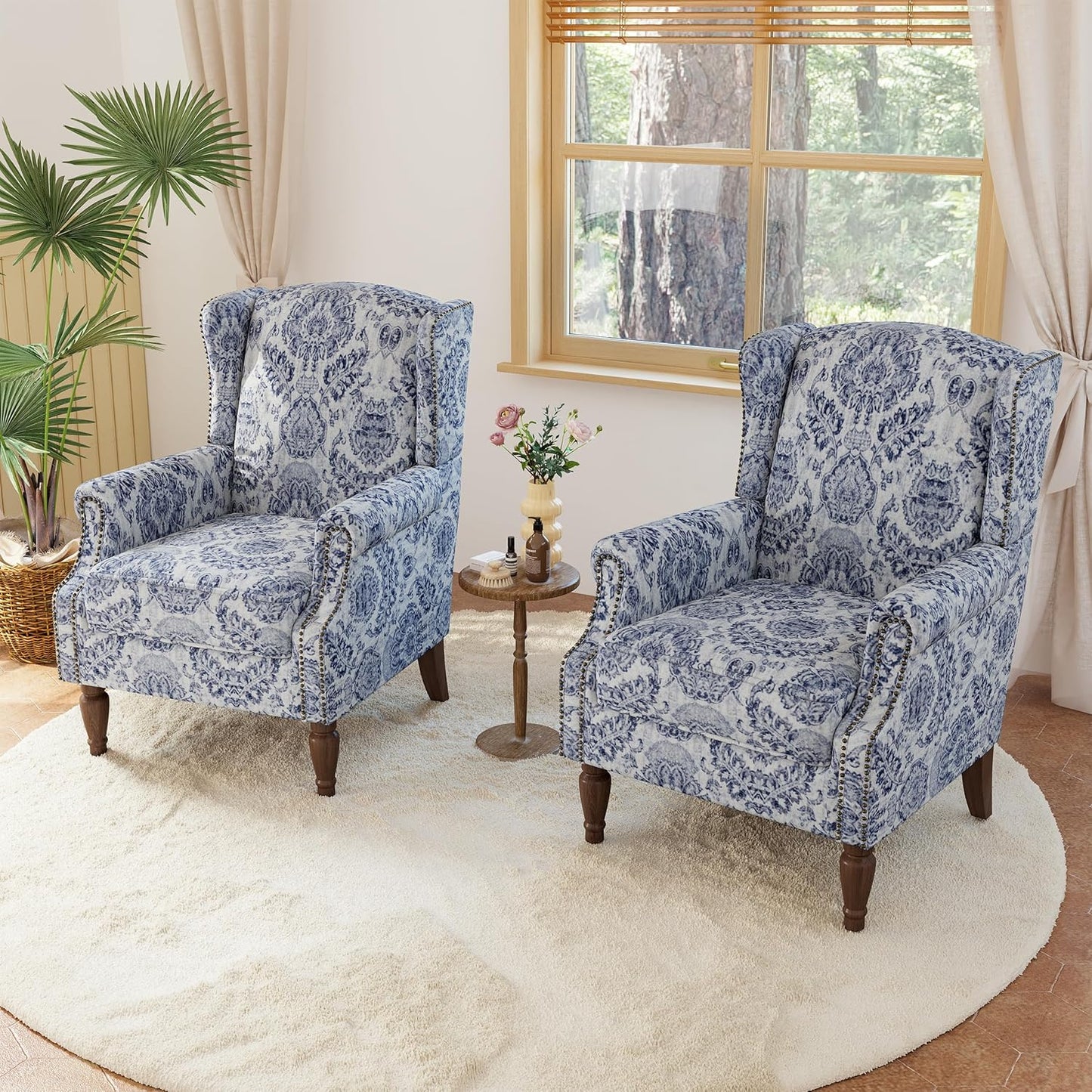 Lumibee High Back Accent Chair Set of 2, Armchair in Fabric,Comfy Upholstered Wingback Single Sofa Reading Chairs with Solid Wood Legs for Living Room,Bedroom,Office-Navy