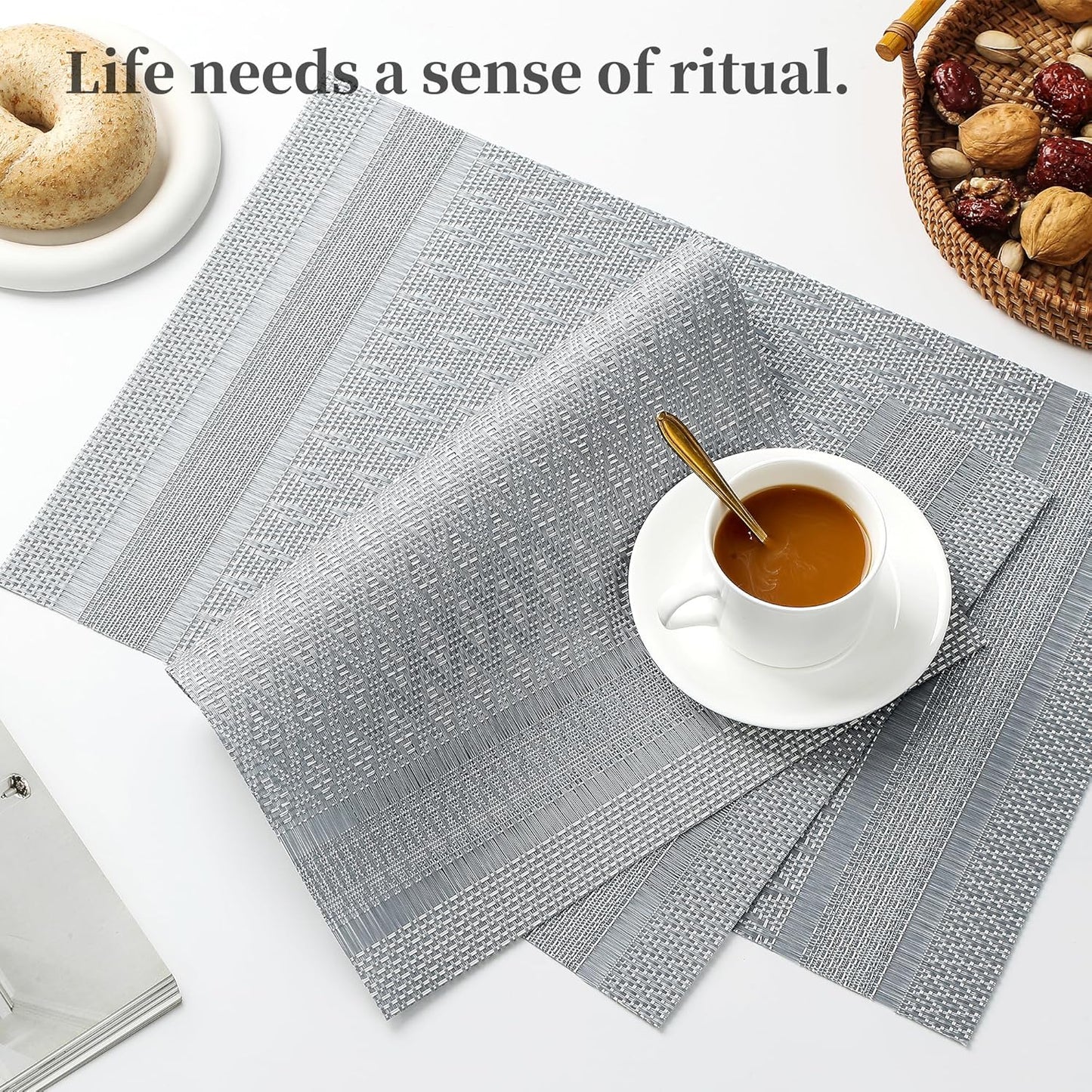 Leetaltree Lunar Grey Placemats Set of 6 - Heat Resistant Non-Slip Place mats for Dining Table, Washable Durable PVC Vinyl Woven Table Mats（Lunar Grey, 6）