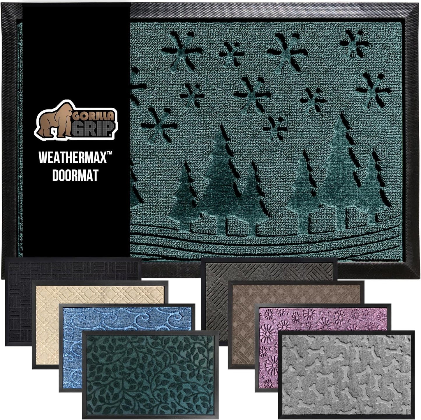 GORILLA GRIP 100% Waterproof All-Season WeatherMax Doormat, US Designed Natural Rubber, Stain and Fade Resistant, Low Profile Indoor Outdoor Door Mats, Easy Clean Patio Mat, 17x29, Green Snowscape