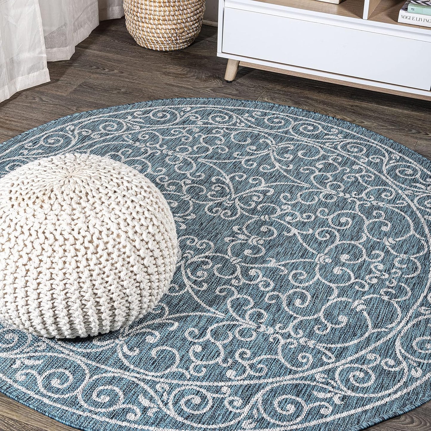 JONATHAN Y Vintage Filigree Indoor Outdoor Round Area Rug 6 Ft Teal/Gray, Charleston Textured Weave for Backyard, Patio, Porch, Easy-Cleaning, High Traffic, Pet-Friendly, Non-Shedding (SMB106F-6R)