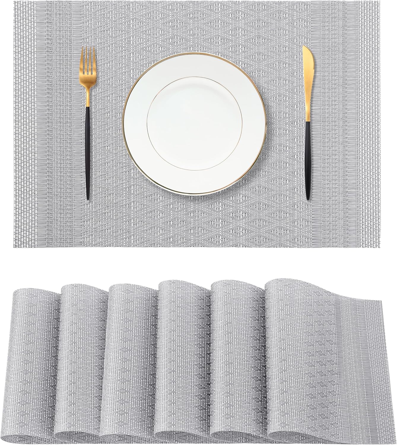 Leetaltree Lunar Grey Placemats Set of 6 - Heat Resistant Non-Slip Place mats for Dining Table, Washable Durable PVC Vinyl Woven Table Mats（Lunar Grey, 6）